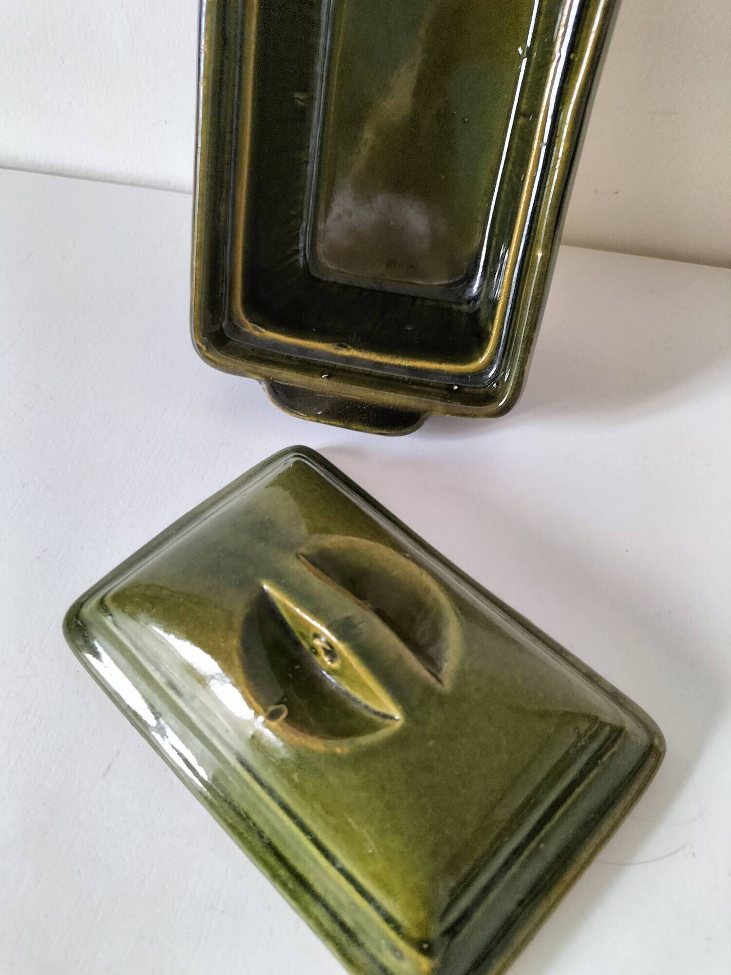 Small terrine in olive green glazed earthenware