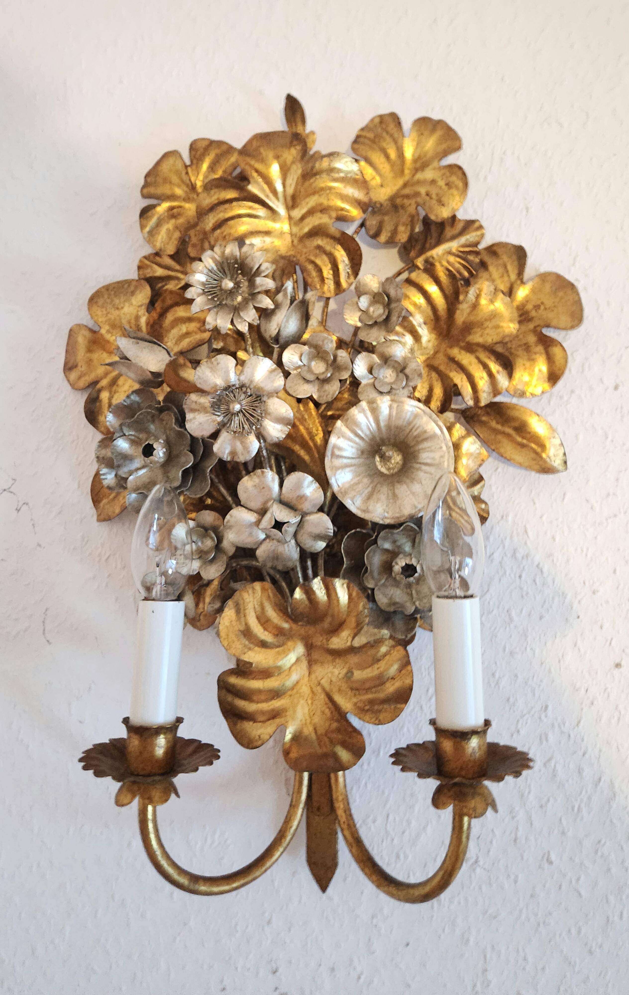 S.Salvadori Wandlampe vergoldet ersilbert Blumenmuster