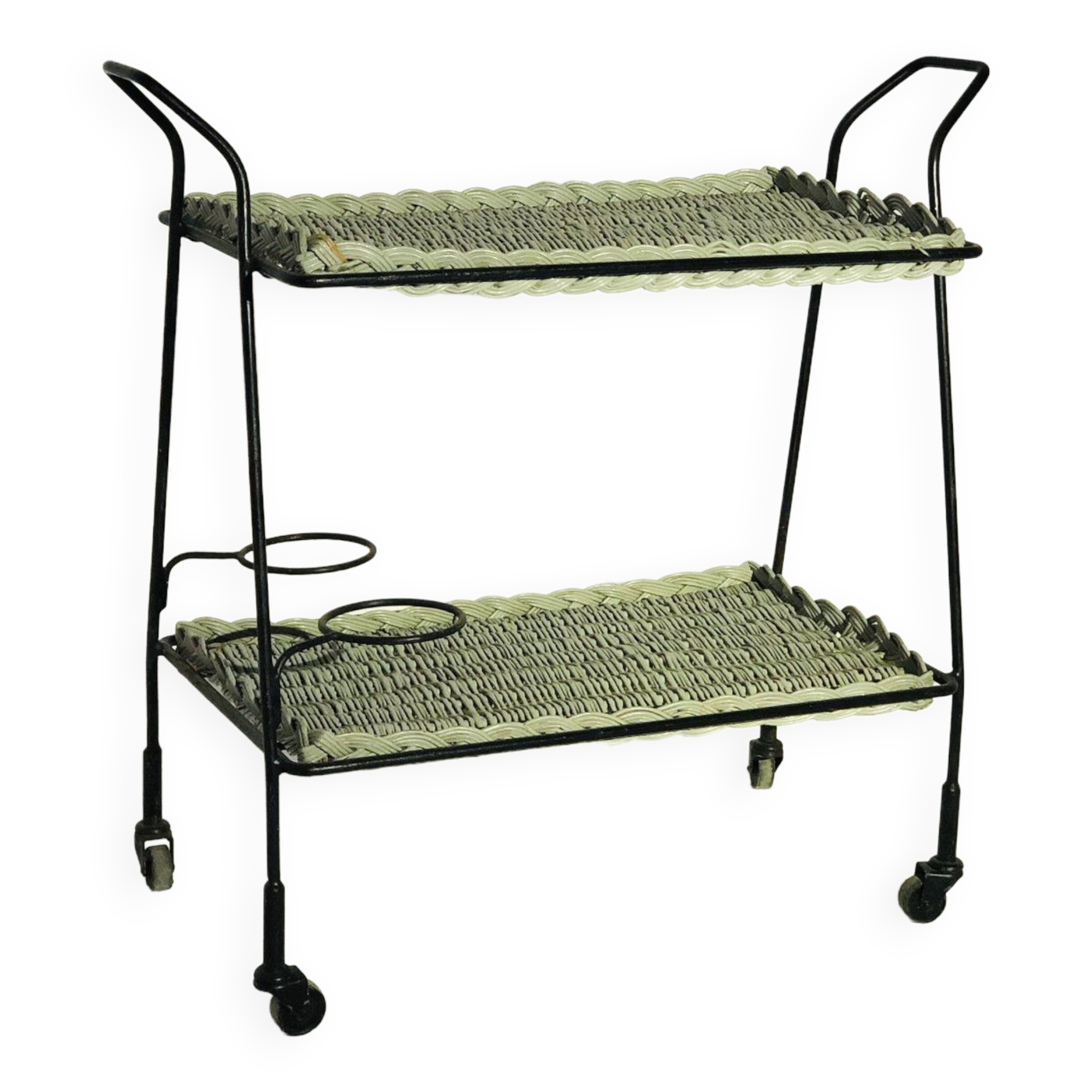Vintage rolling table from 1960 - green rattan and black tubular metal