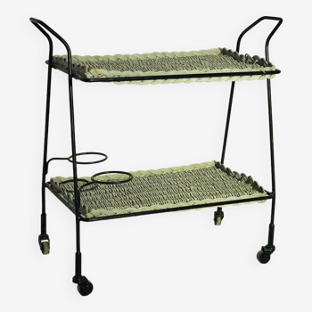 Vintage rolling table from 1960 - green rattan and black tubular metal