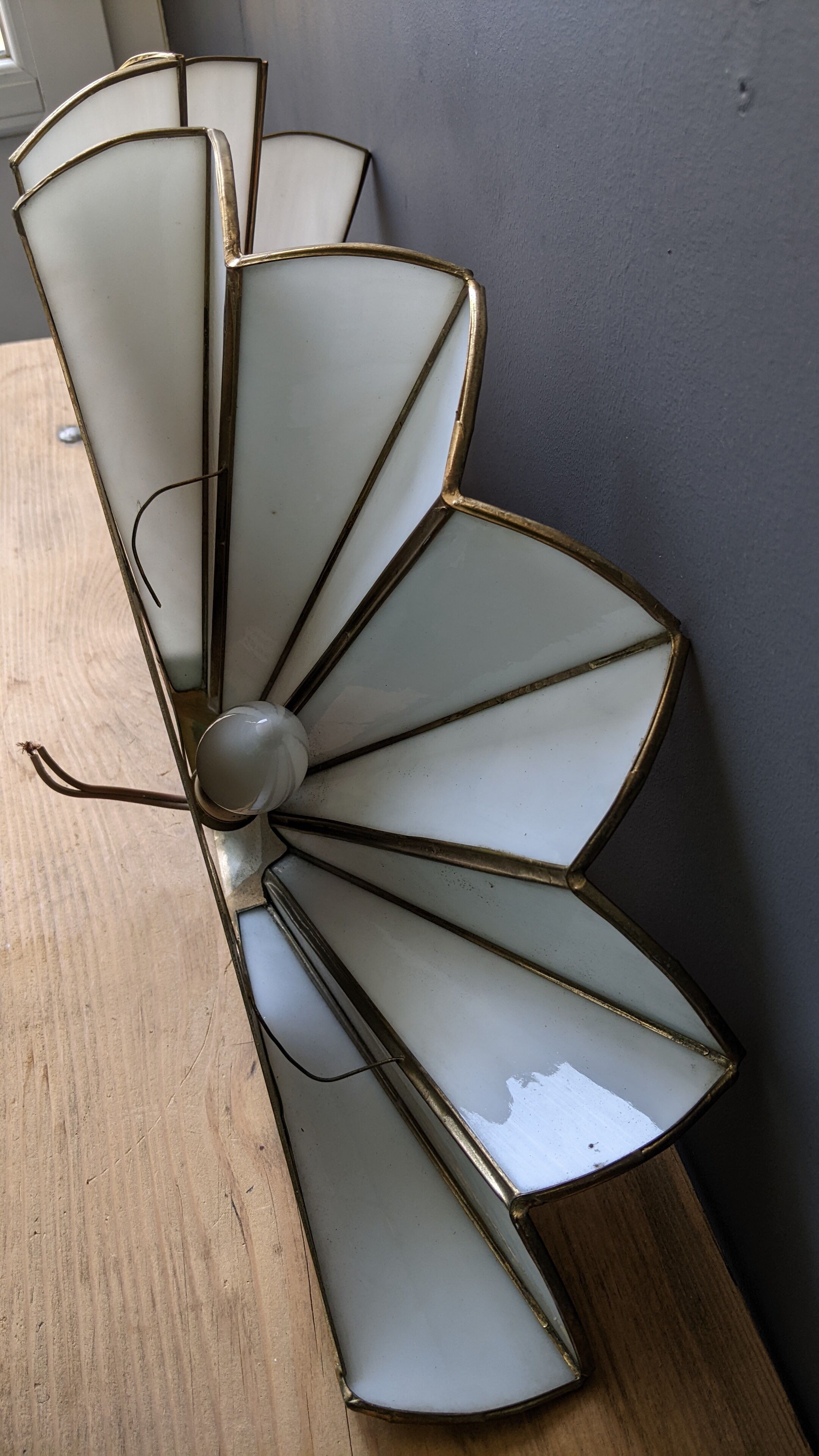Pair of mother-of-pearl and brass fan wall lamps