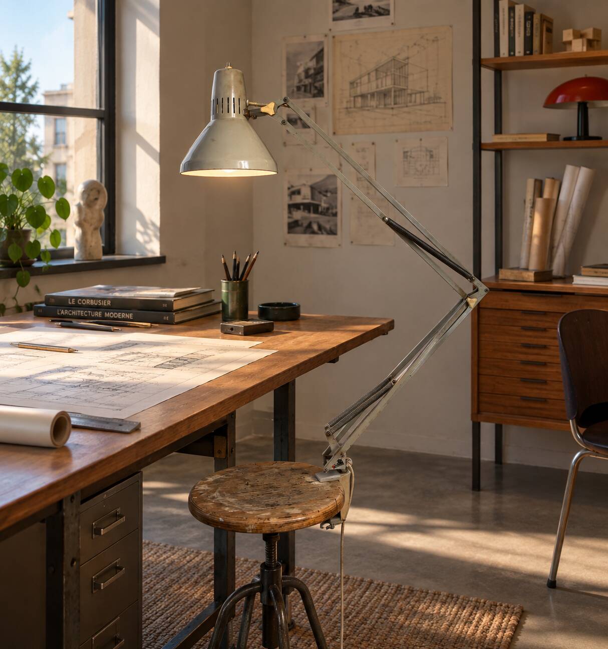 Lampe vintage 1970 d'architecte Ledu gris perle bureau - 80cm