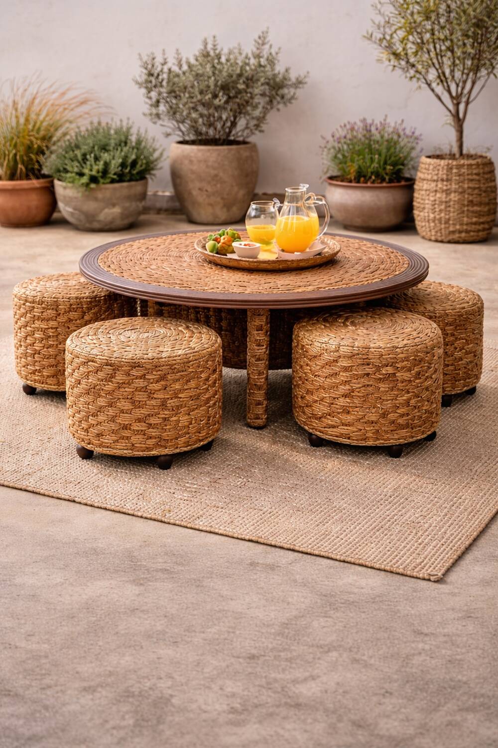 Coffee table and 4 stools in the style of Audoux & Minet.