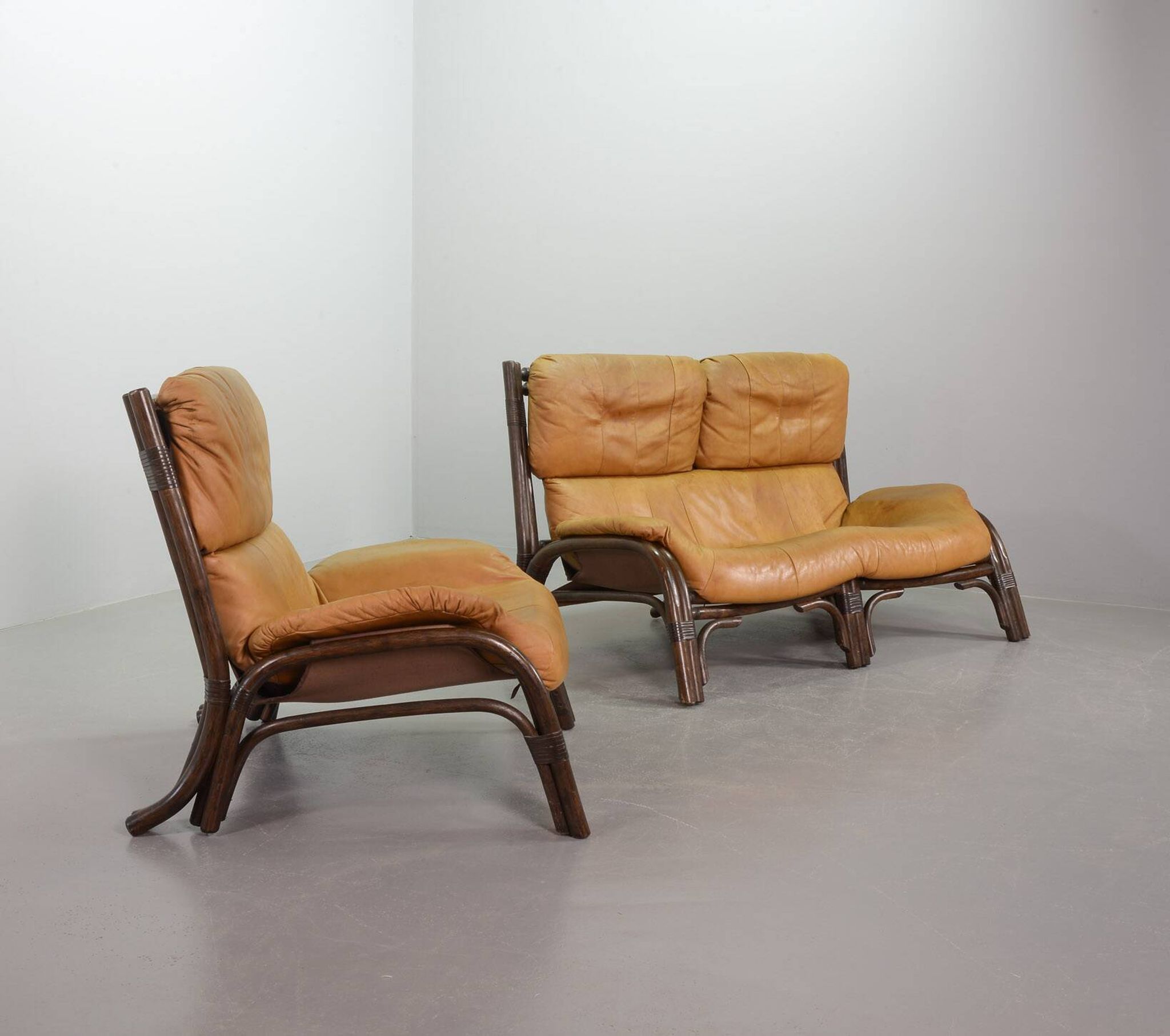 Brutalist Bentwood Love Seat Bamboo Sofa w. Caramel Leather Upholstery, 60s