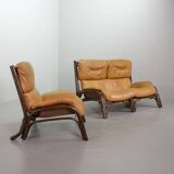 Brutalist Bentwood Love Seat Bamboo Sofa w. Caramel Leather Upholstery, 60s