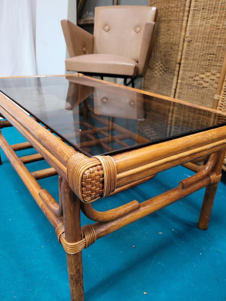 Rattan coffee table and smoked glass, 70s