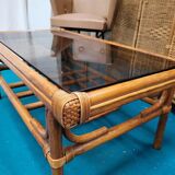 Rattan coffee table and smoked glass, 70s