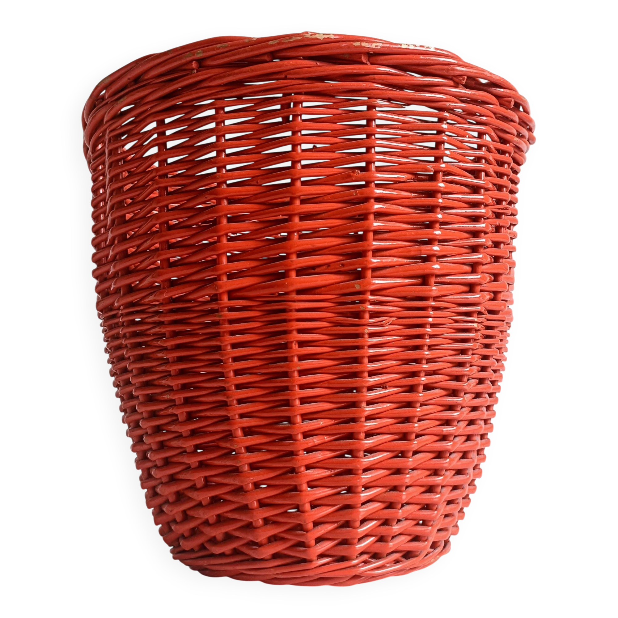 Bohemian Mid-Century Coral Red Wicker Basket, France, circa 1960s