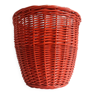 Bohemian Mid-Century Coral Red Wicker Basket, France, circa 1960s