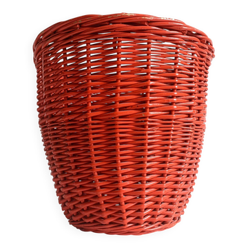 Bohemian Mid-Century Coral Red Wicker Basket, France, circa 1960s