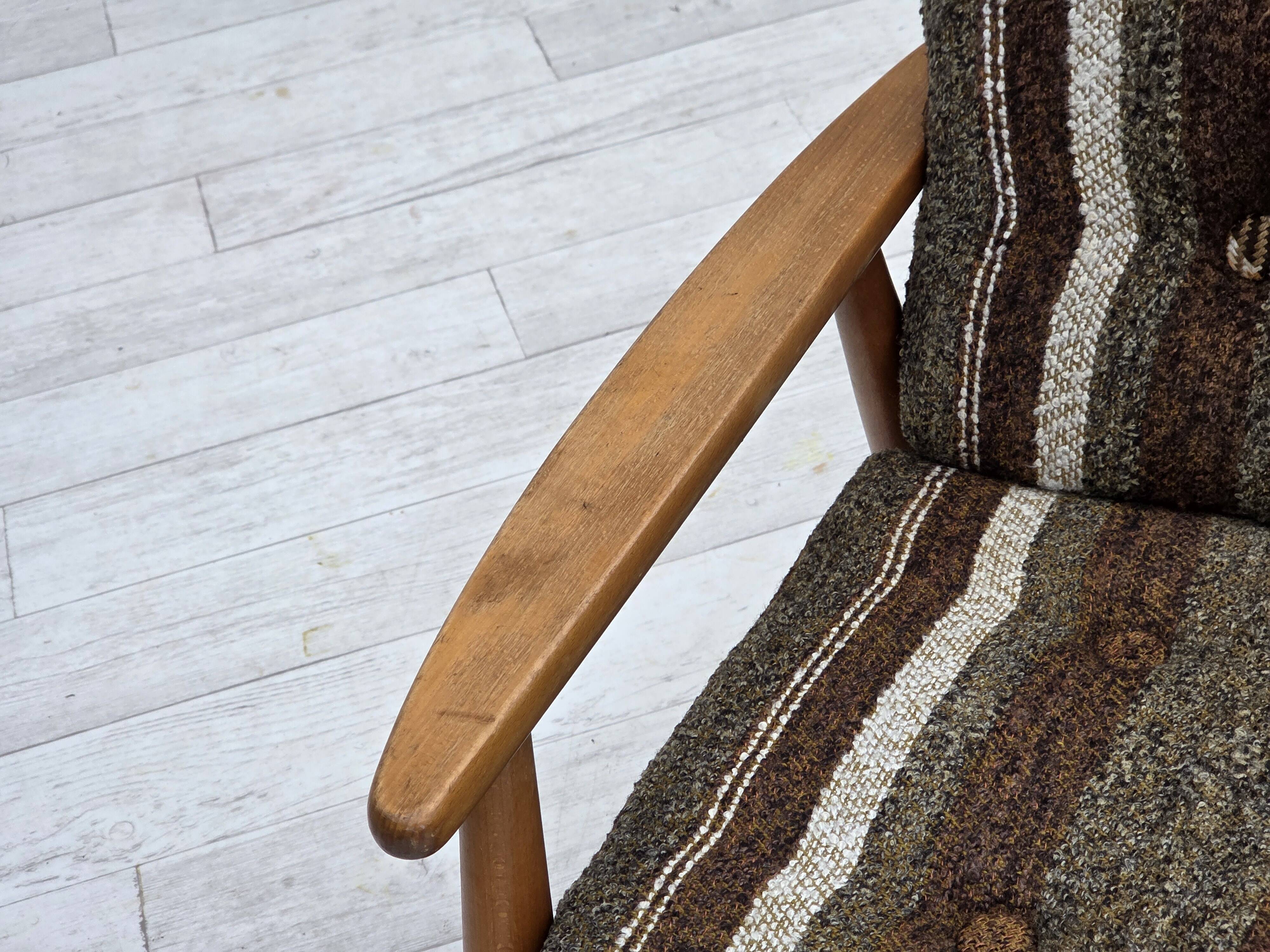 1970s, Danish armchair, beech wood, furniture wool fabric.