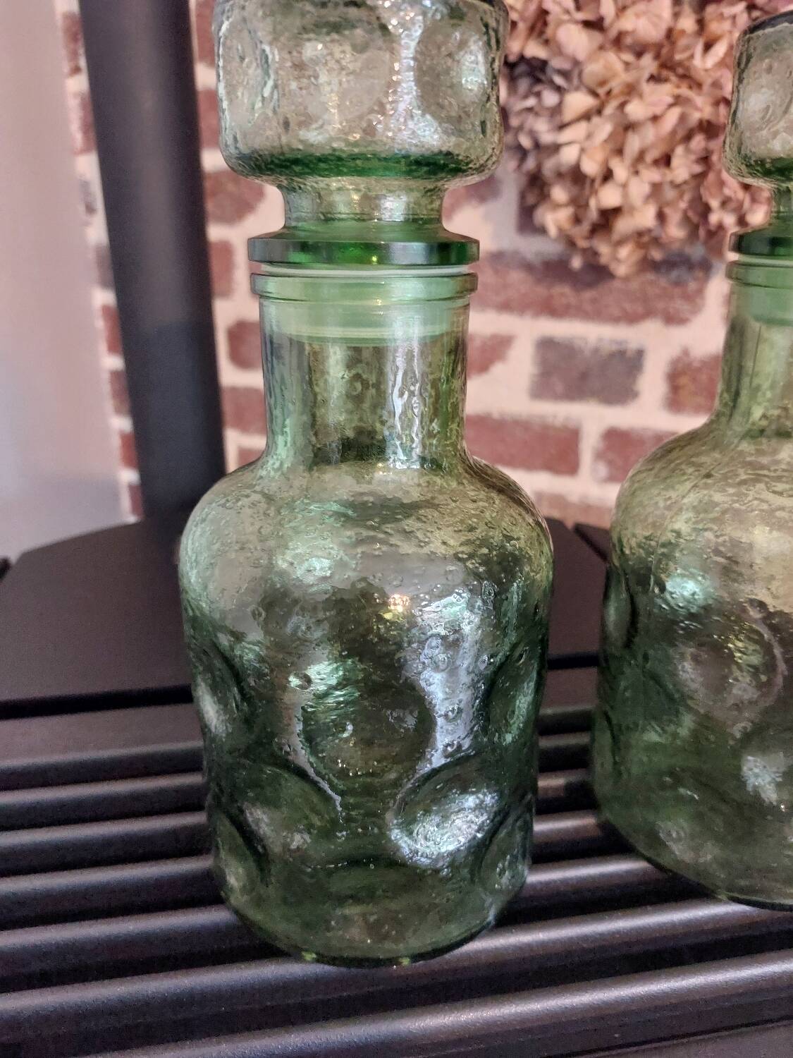 Bubble glass carafe, green bumpy