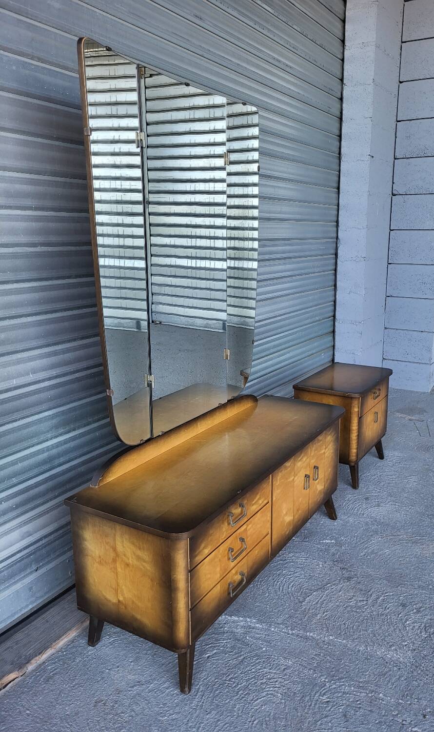 Vintage Scandinavian style dressing table, chest of drawers, triptych mirror and bedside table