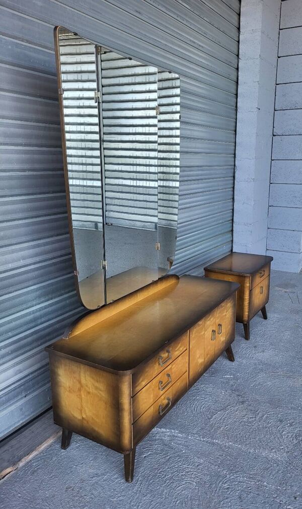 Coiffeuse commode miroir triptyque et chevet style scandinave Vintage