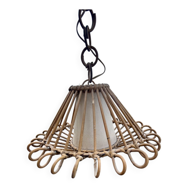 Suspension vintage en rotin et bambou – Style Louis Sognot (Années 60)