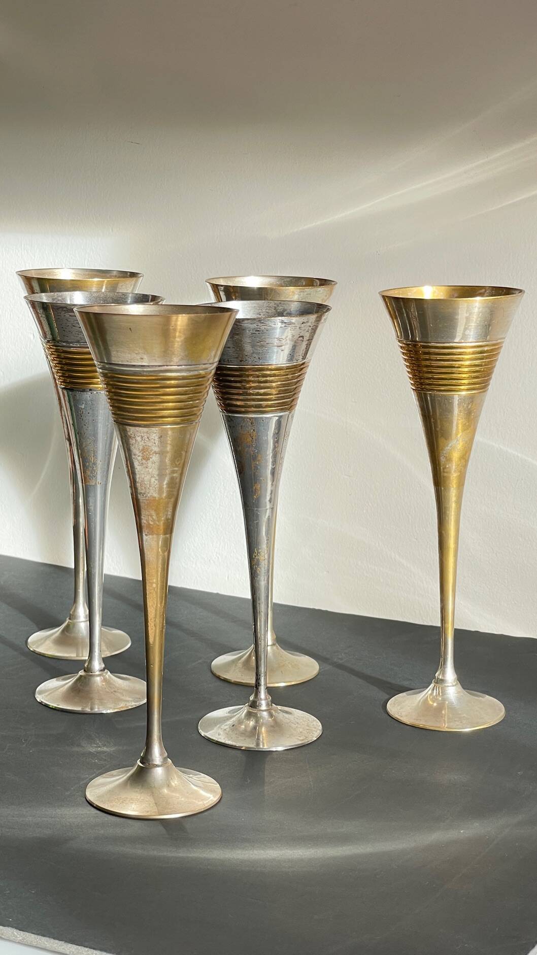 6 Vintage Silver-Plated Brass Champagne Flutes