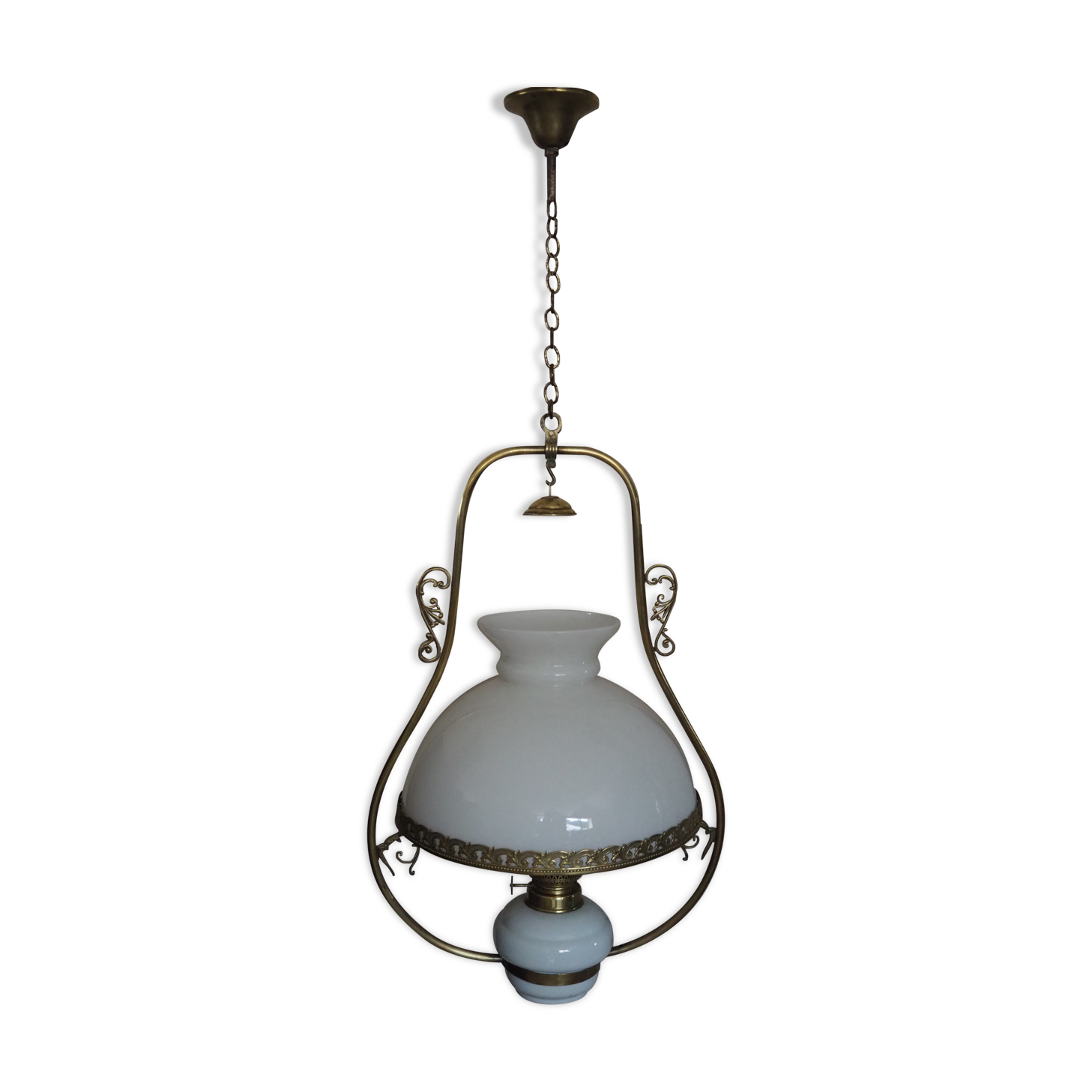 Old suspension in opaline, earthenware and brass - kerosene lamp