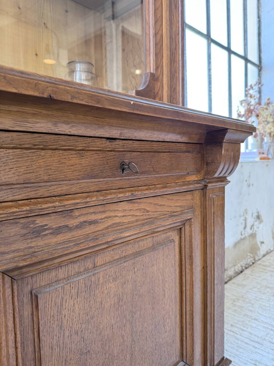 Antique XL Napoleonic oak glass bookcase, 19th century