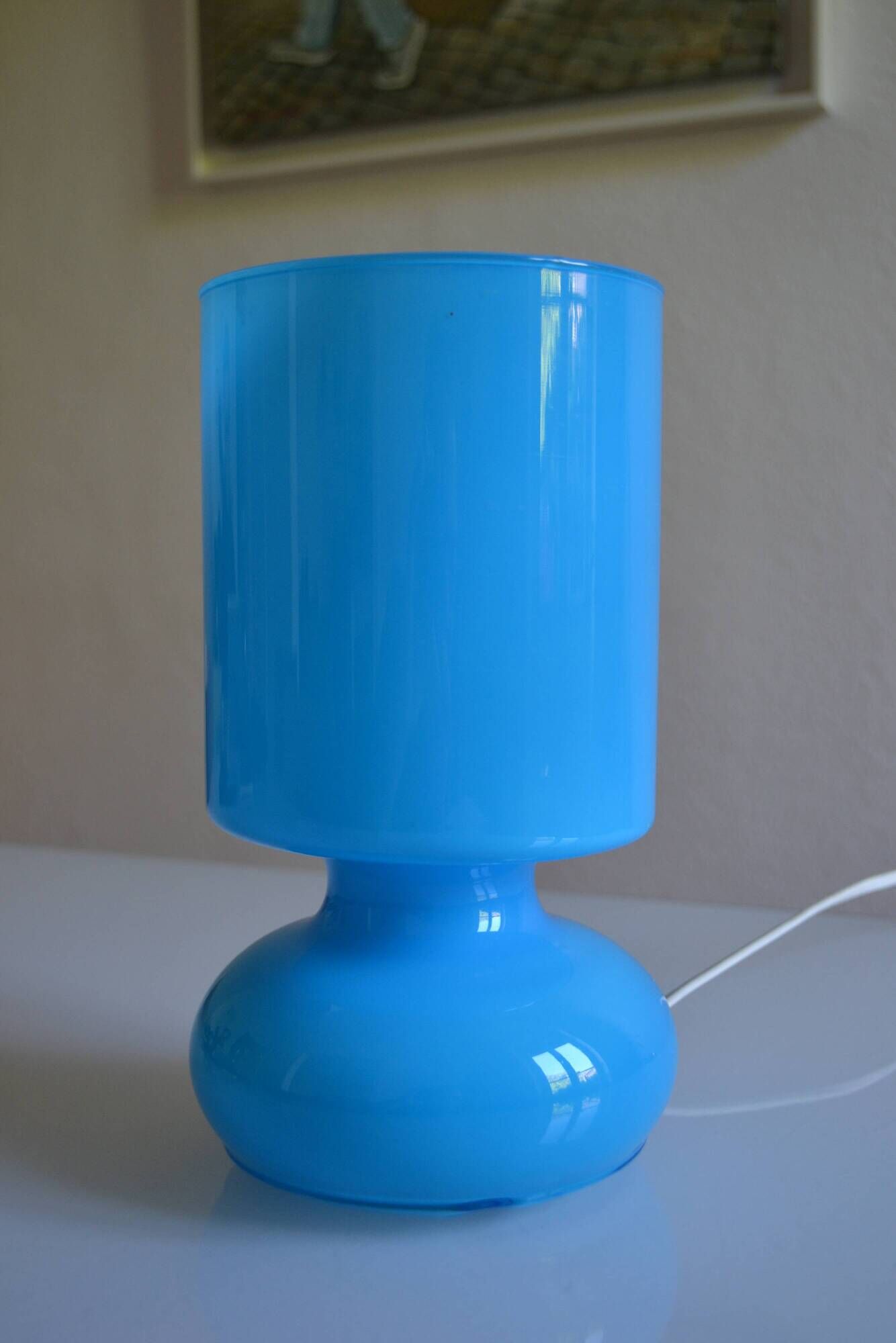 Ikea Lykta lamp in vintage blue opaline glass from the 1980s.