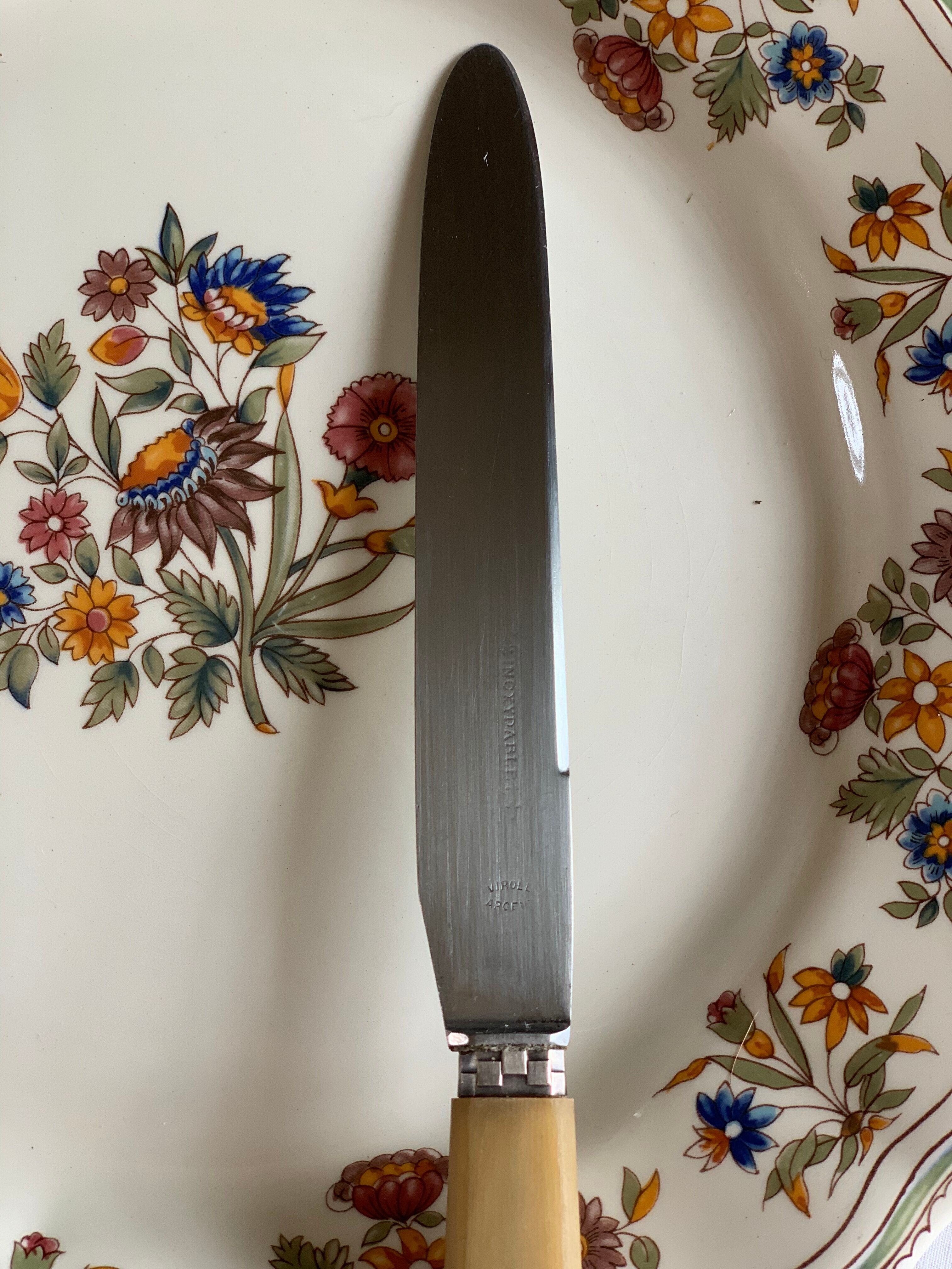 Set of 11 old table knives, horn handle, stainless blade and silver ferrule