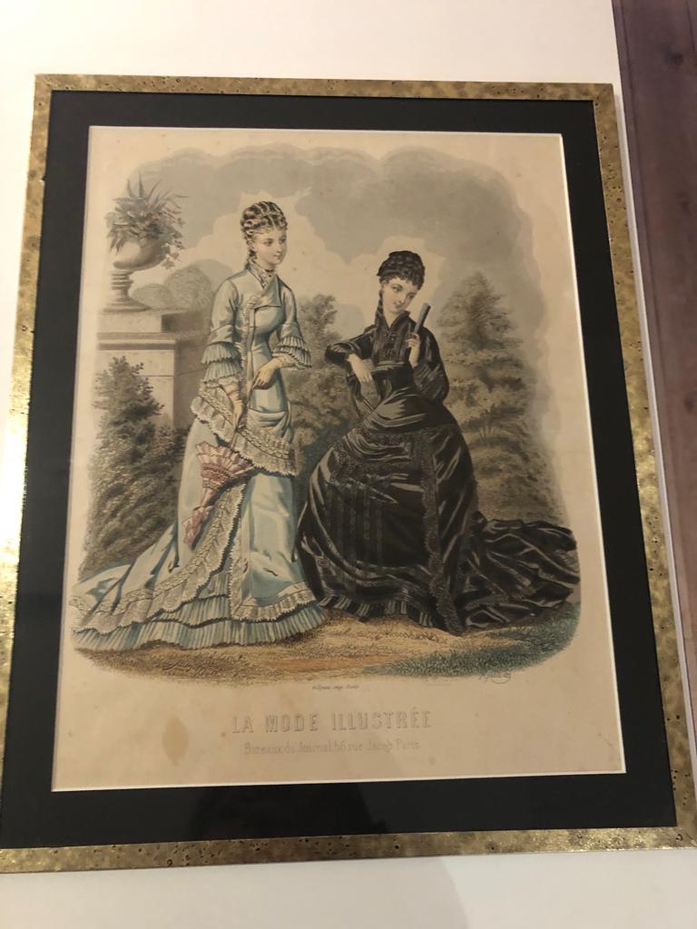 Set composed of two framed fashion engravings and a lithograph reproduction Automne by Watteau