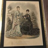 Set composed of two framed fashion engravings and a lithograph reproduction Automne by Watteau