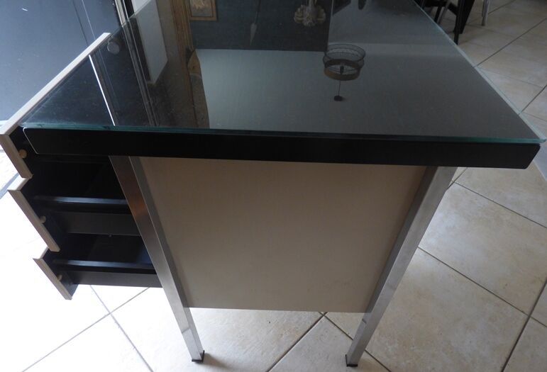 Industrial metal desk from the 70s with three drawers and glass top