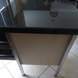 Industrial metal desk from the 70s with three drawers and glass top