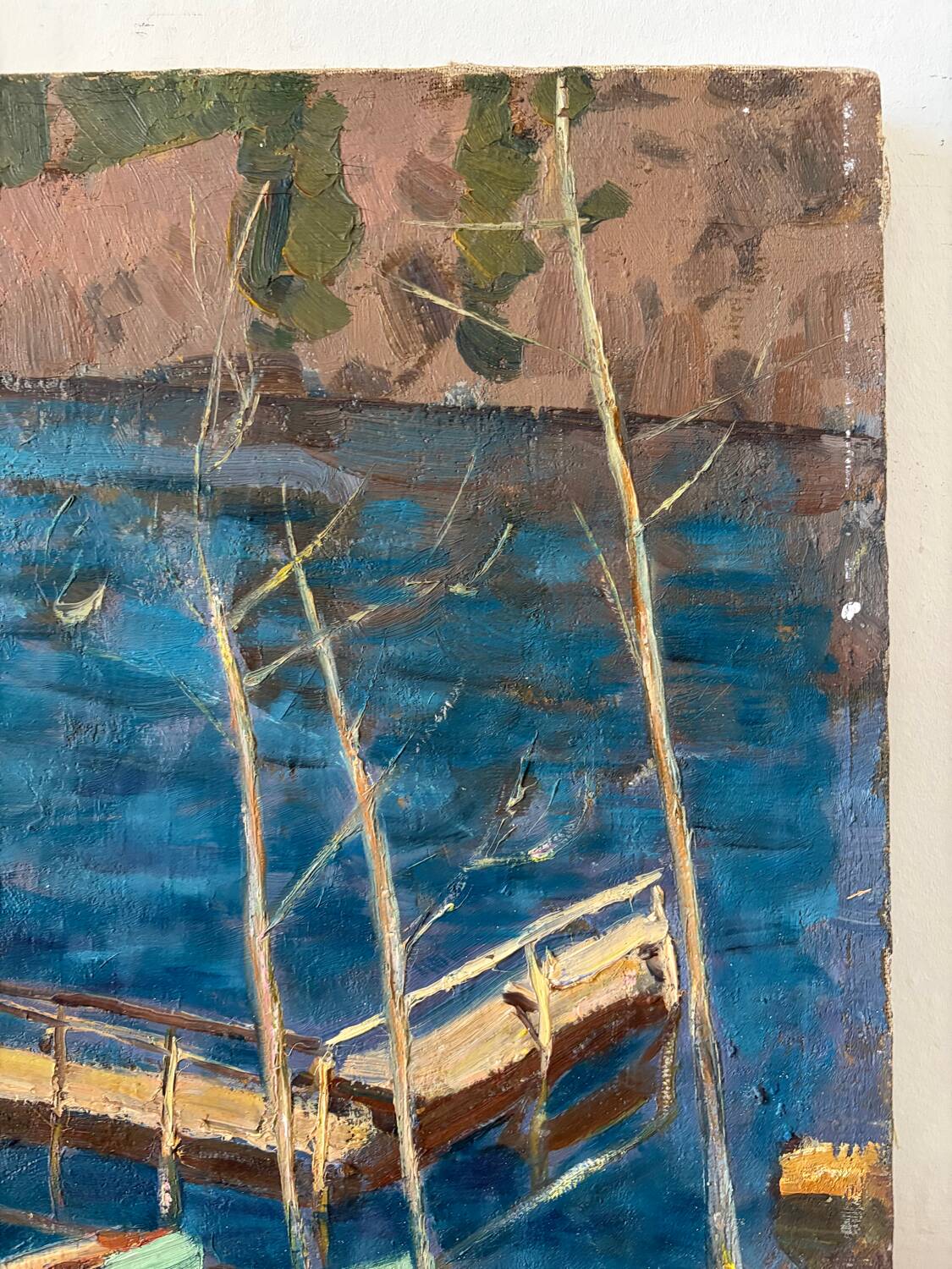 Oil on canvas "Rowboats on the dock"