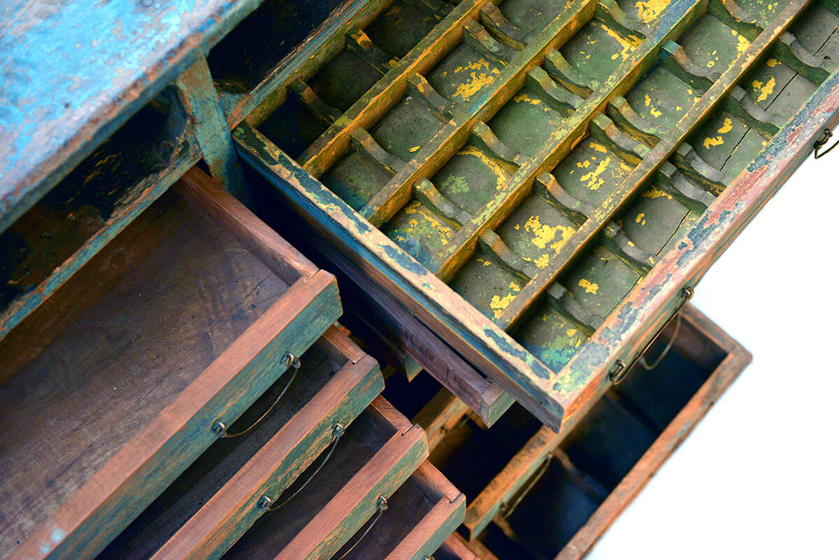 24-drawers patinated wooden workshop furniture