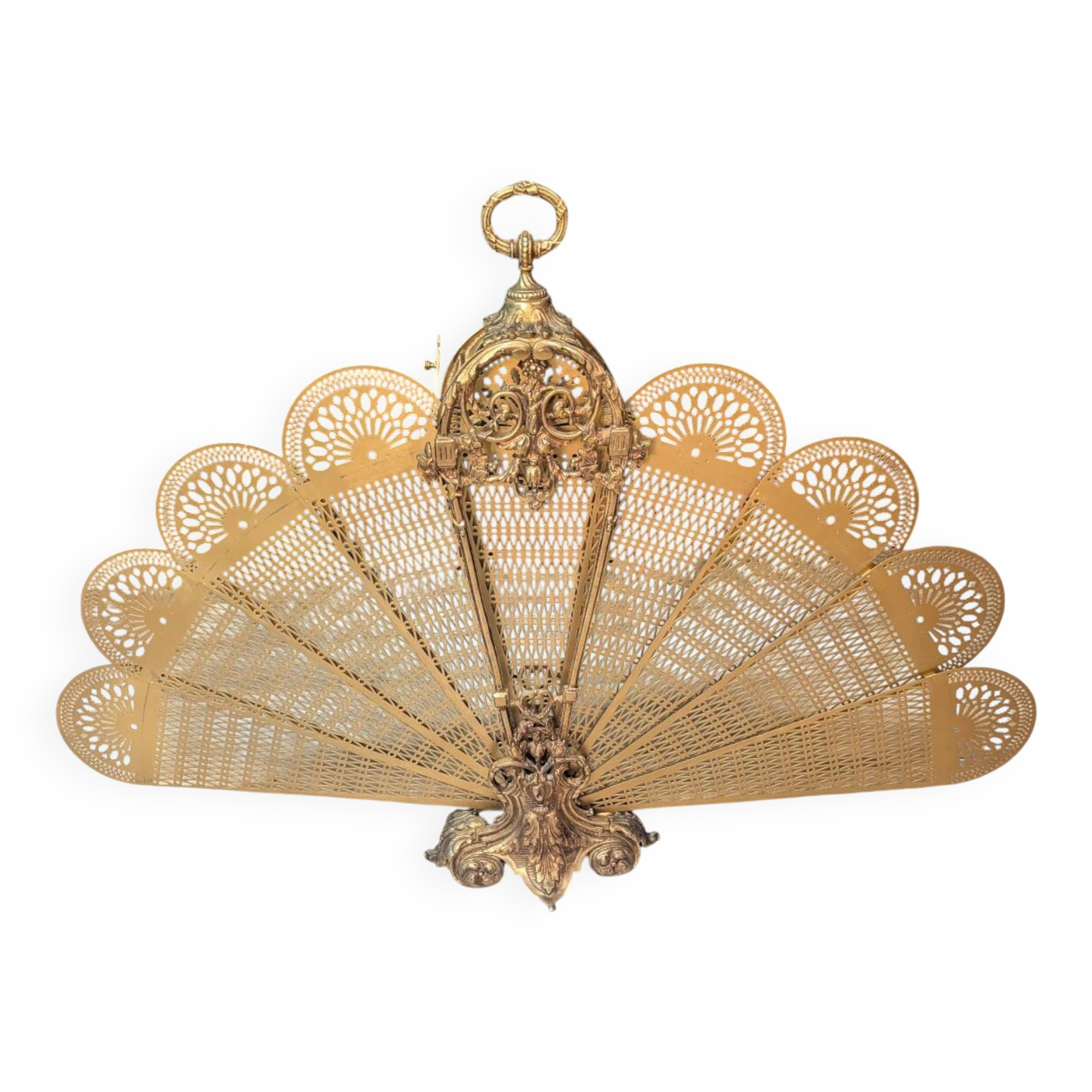 Large Napoleon III fireplace screen in gilded bronze with 9 leaves, shape