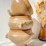 6 vintage Emile Henry ceramic lion head onion soup bowls - beige and honey, made in France