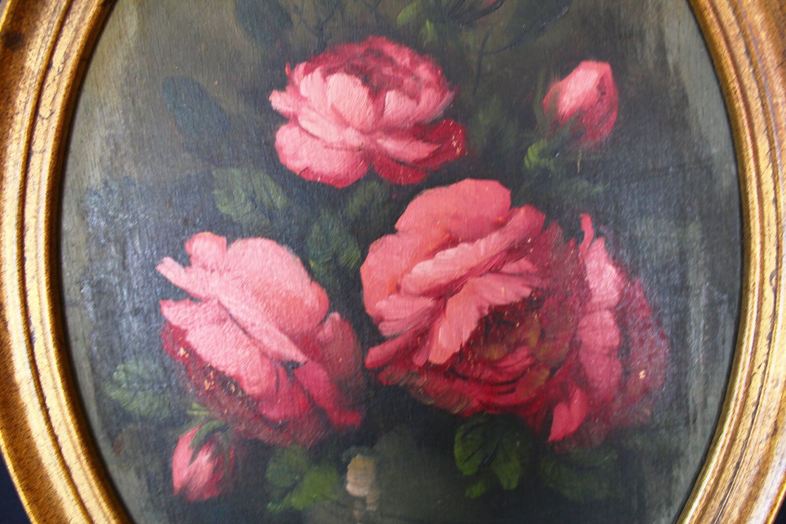 Antique vintage painting on wood, still life, oval frame, pink roses flower bouquet, signed, antique