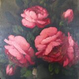 Antique vintage painting on wood, still life, oval frame, pink roses flower bouquet, signed, antique