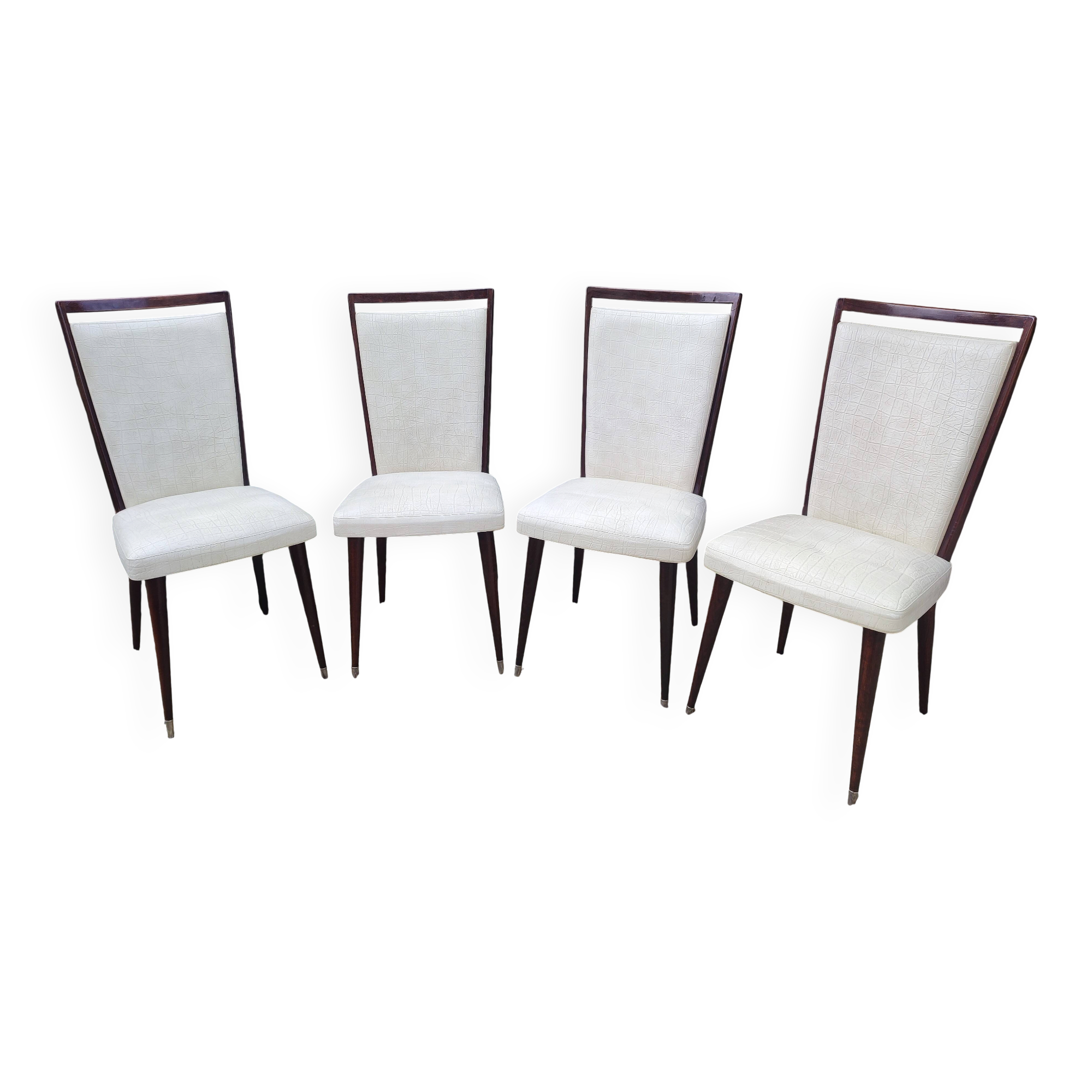 Set of 4 Vintage Mid-Century Modern Chairs with tapered metal legs.