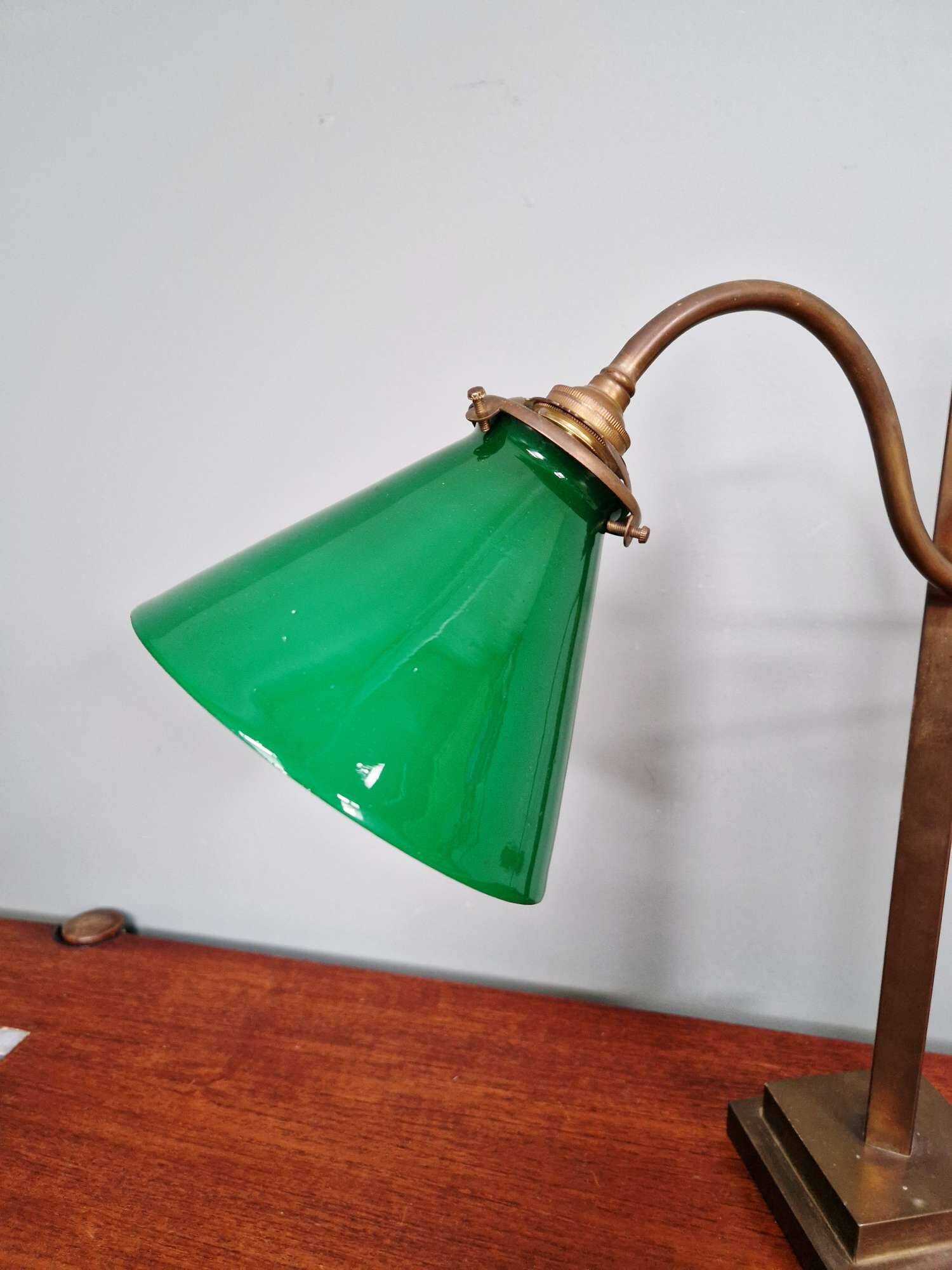 Bronze desk lamp with a green opaline conical shade, 1920.
