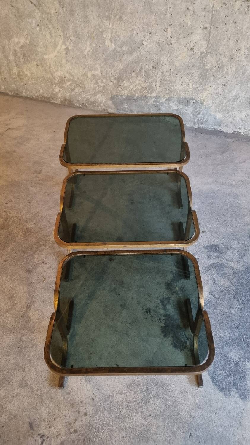 3 nesting tables in brass and glass