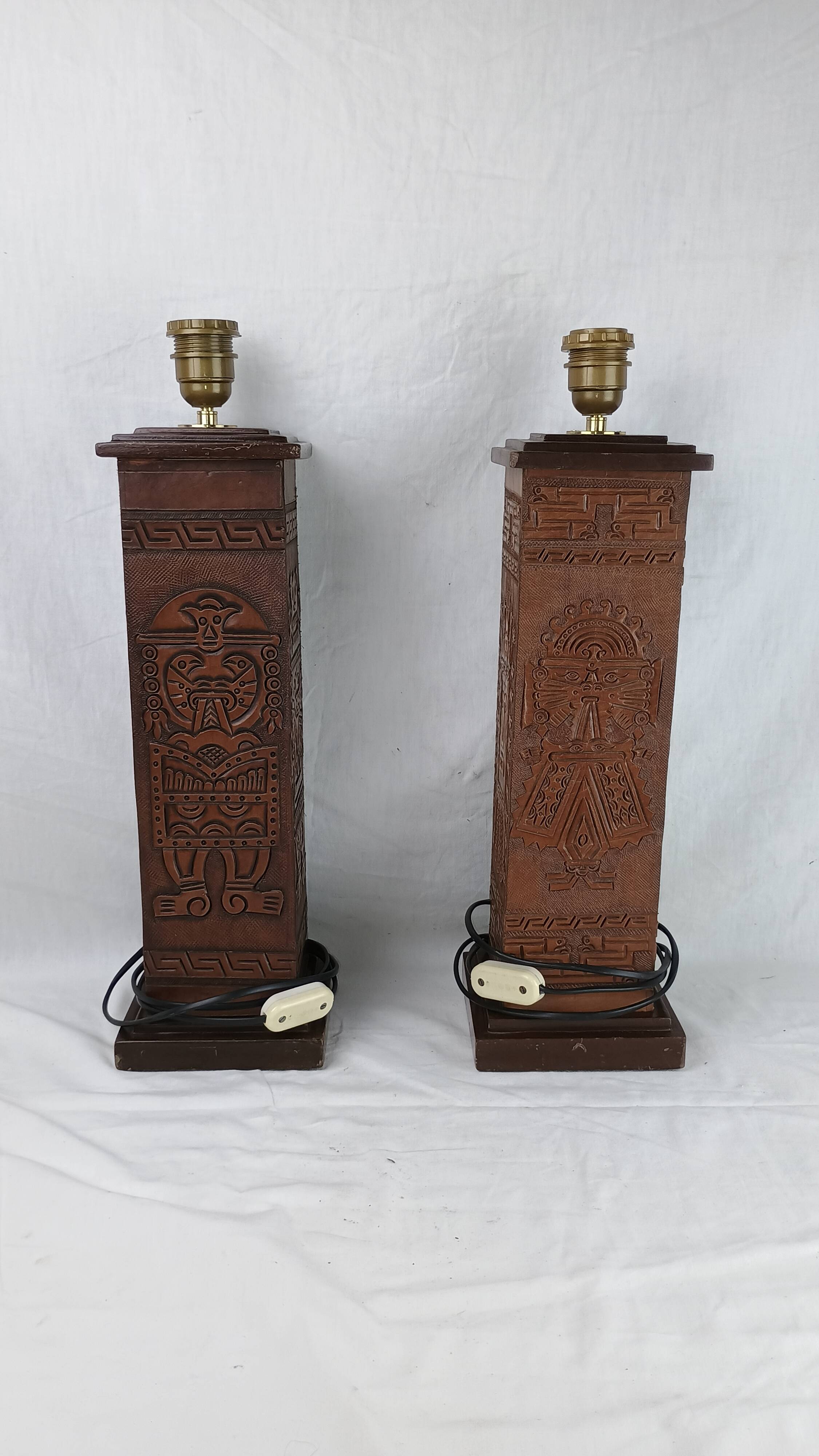 Pair of Kaiser Leuchten Totem Lamps in Vintage Aztec Inca or Mayan Leather