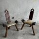 Pair of 1950s Spanish carved solid wood chairs with beige cowhide leather seats