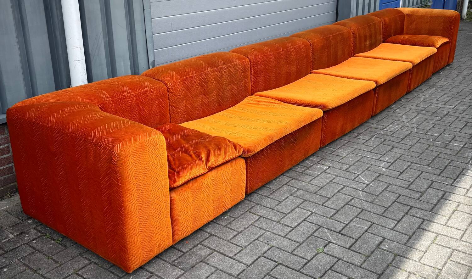 Large Mid Century sectional sofa of 6 elements in orange velvet
