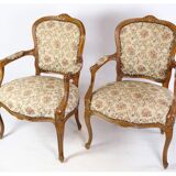 Pair of Neo-Rococo Armchairs with Decorated Fabric in Light Wood