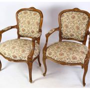 Pair of Neo-Rococo Armchairs with Decorated Fabric in Light Wood