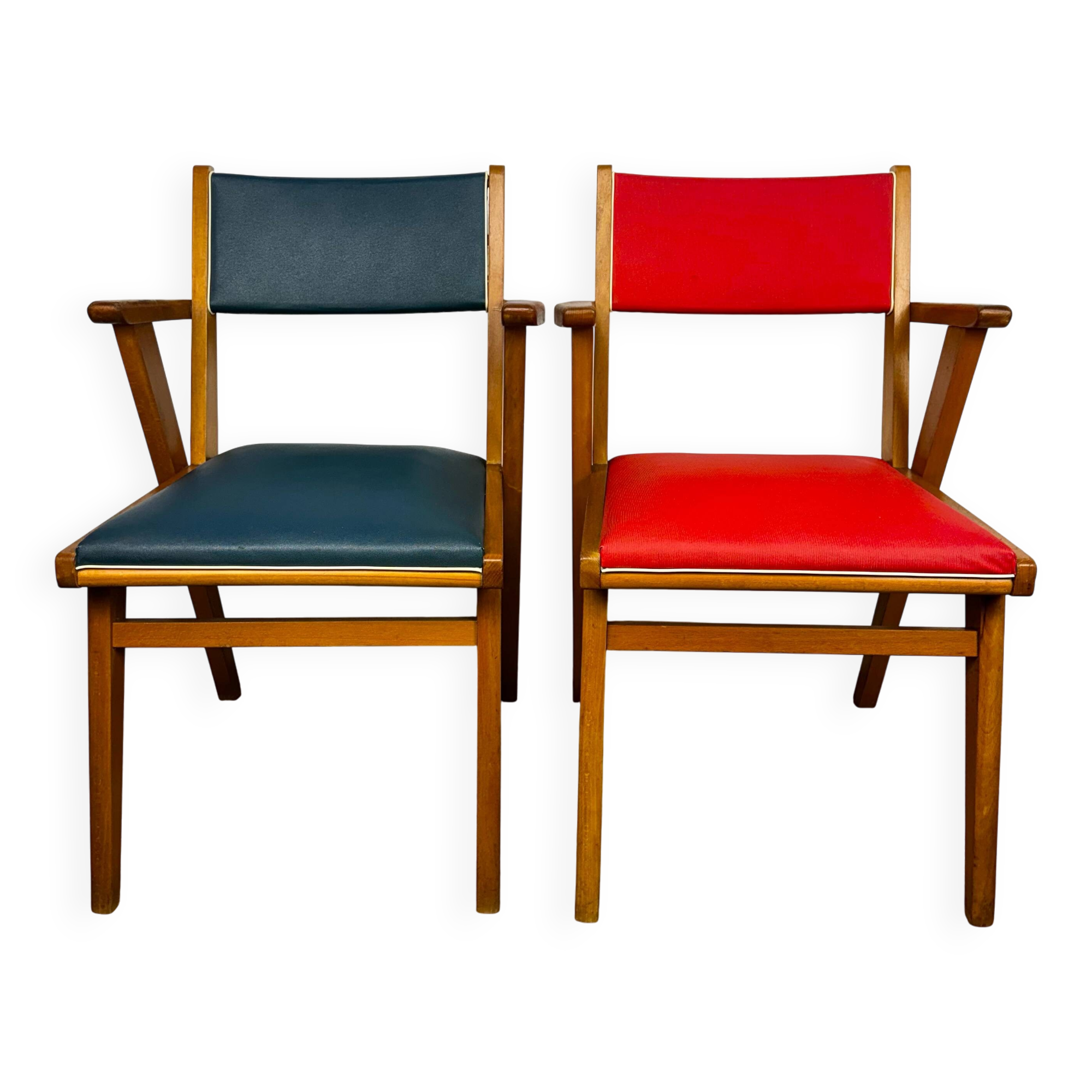 Pair of Scandinavian bridge armchairs in wood and vinyl from the 1950s.