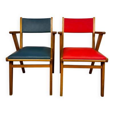 Paire de fauteuils bridges scandinaves bois et vinyle années 50