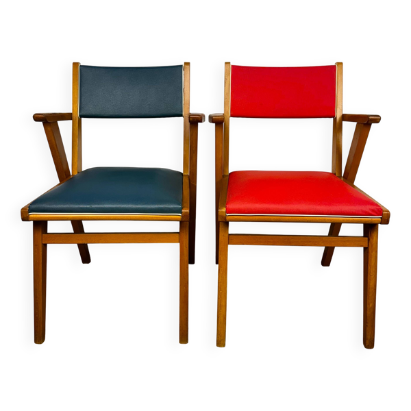 Paire de fauteuils bridges scandinaves bois et vinyle années 50