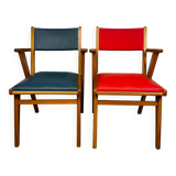 Pair of Scandinavian bridge armchairs in wood and vinyl from the 1950s.