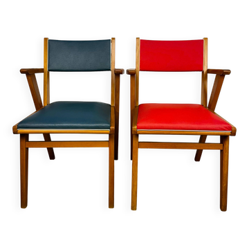 Paire de fauteuils bridges scandinaves bois et vinyle années 50