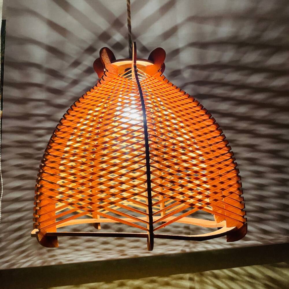 Suspension en bois et rotin vintage des années 1960