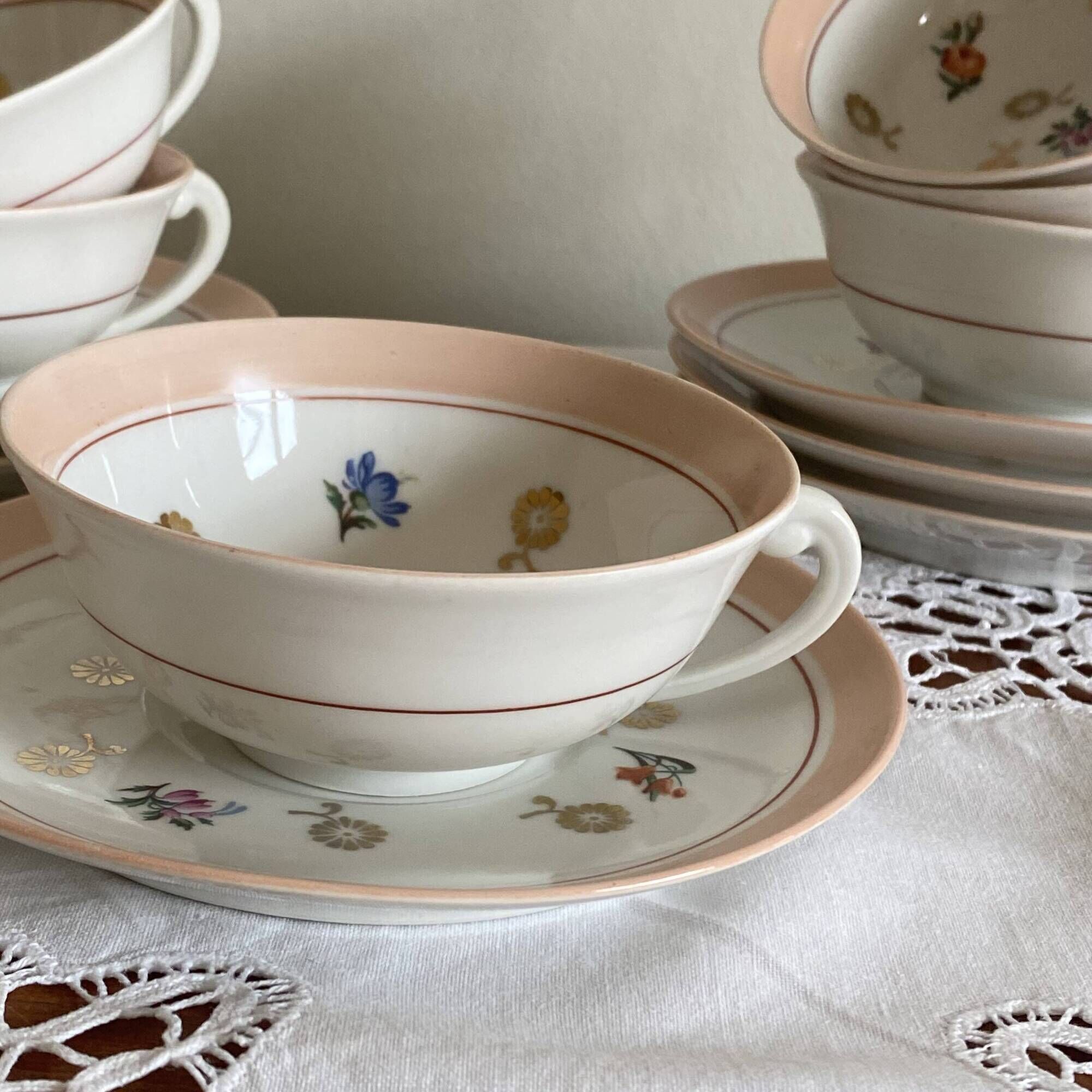 Set of 6 coffee, tea, chocolate cups, antique Limoges porcelain