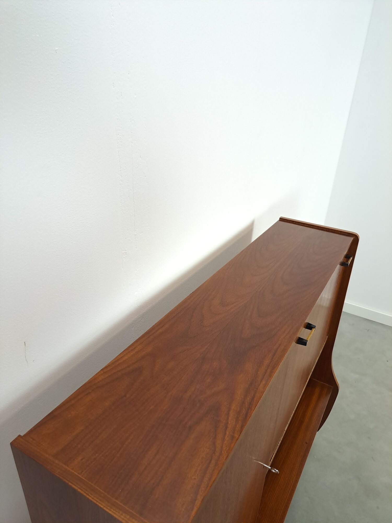 Teak veneer wall cabinet with flap, bar cabinet vintage